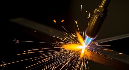 Powerful flame torch used in welding metal creating bright sparks, representing industrial skill and craftsmanship concept