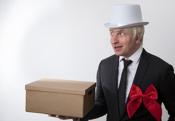 man with a gift box. Man box. Surprise. Male. People. Life. Business. 