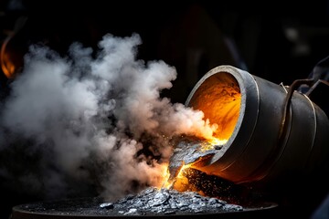 Molten metal pouring from crucible in industrial foundry emitting steam and sparks