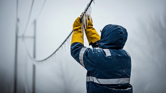 Professional Utility Worker in Yellow Gloves Removing Ice from Power Lines in Winter Weather Conditions
