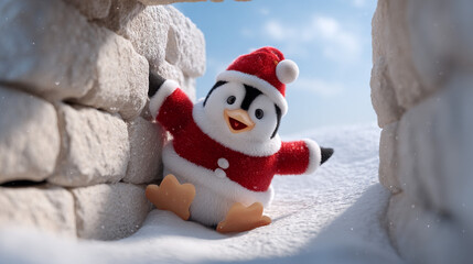 Adorable 3D penguin character wearing a Santa suit happily sits in a snowy igloo entrance, a whimsical Christmas illustration.