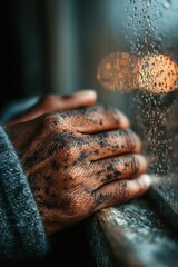 Close up of hands with hyperpigmentation resting on wooden windowsill during rainy day, skin texture detail, dark spots, melanocytic nevus, cozy sweater, bokeh lights on wet glass