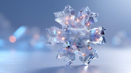 A 3D rendered crystal snowflake featuring intricate circuit board designs and illuminated elements, conveying modern technology and winter innovation.