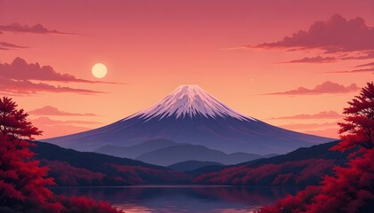 Fototapeta premium Japan Mount Fuji landscape in autumn with red forest, lake, mountains, clear cloudy dusk sky, and moon – travel vector illustration