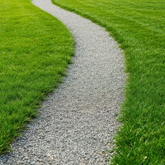A winding natural pathway featuring a surface layer of fine, tiny gray gravel bordered by vibrant green blades of fresh grass under soft daylight, serene, journey, rock