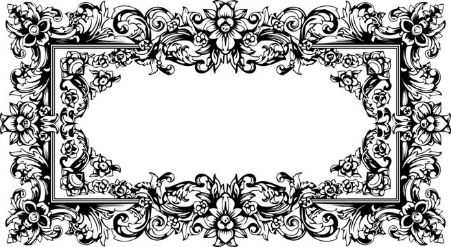 Elegant floral frame with vintage filigree design, perfect for wedding invitations or sophisticated branding projects, timeless appeal and exquisite detail