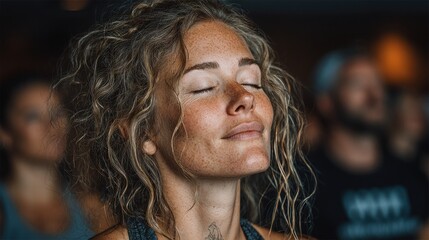 Close Up Portrait of Beautiful Woman with Freckles and Curly Hair Meditating with Calm Smile during Mindfulness Workshop for Natural Beauty and Authentic Lifestyle Branding