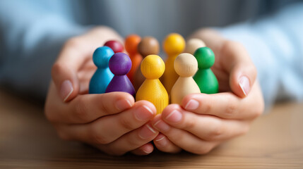 Faceless hands gently cradle diverse group of colorful wooden people symbolizing community and inclusion, defocused protective gesture, nurturing diversity, sheltering togetherness