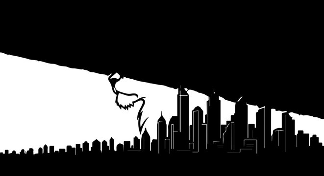 Majestic lion head silhouette emerges from dark sky above a stylized, modern cityscape, symbolizing power and urban dominance