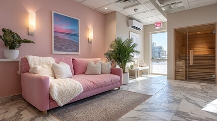 Modern Luxury Spa Interior with Pink Velvet Sofa White Faux Fur Throw Marble Floors and Wooden Sauna Cabin in Minimalist Wellness Center Design with Natural Sunlight and Houseplants