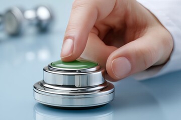 Close-up of hand pressing green button on chrome bell for service or alarm