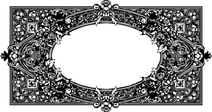 Elegant ornate decorative frame with intricate floral scrollwork and a central oval for text or images, perfect for vintage invitations and classic design
