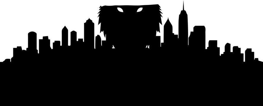 Massive monster silhouette towering over a dark city skyline, symbolizing urban destruction and fantasy.