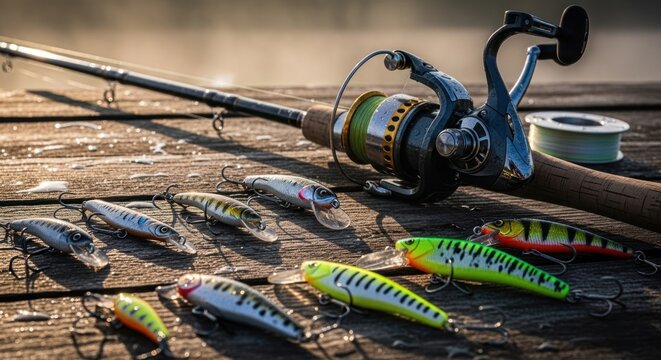 Fishing rod, reel, and lures on a wooden dock at sunrise