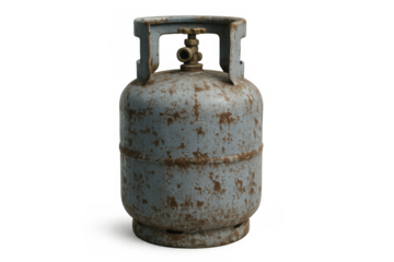 Rusty propane gas cylinder with old weathered texture, providing fuel and energy on transparent background