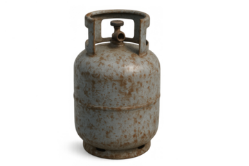 Rusty propane gas cylinder standing, showing corrosion and weathered industrial metal surface, isolated on transparent background