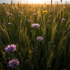 Fototapeta premium Bunte Sommerwiese mit verschiedenen Wildblumen, die üppig an einem sonnigen Feldrand wachsen. Natürliche Schönheit und ländliche Szene, ländlich, Außenaufnahme, Natur