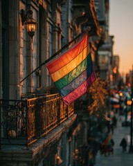 LGBTQ Pride rainbow flag hanging from a classic balcony on a city street at golden hour sunset, atmospheric urban scene with warm cinematic lighting, inclusion and diversity concept