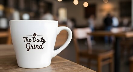 Fototapeta premium Coffee Mug with 'The Daily Grind' Text, Cafe Background - Morning Beverage, Relaxing Coffee Break