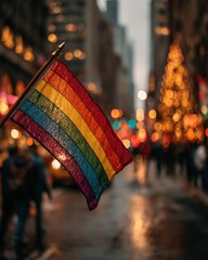 LGBTQ pride rainbow flag with rain droplets in front of blurred city lights at night, wet street background with bokeh circles, urban evening atmosphere and inclusion concept