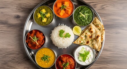 Indian Thali Platter - Traditional Cuisine with Rice, Curry, Naan & Raita