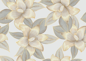 Luxury golden lily seamless flower line art background vector. Natural botanical elegant floral pattern with gold line art. Design illustration for decoration, wall decor, wallpaper, cover, banner,