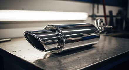 Polished stainless steel exhaust muffler on a metal workbench