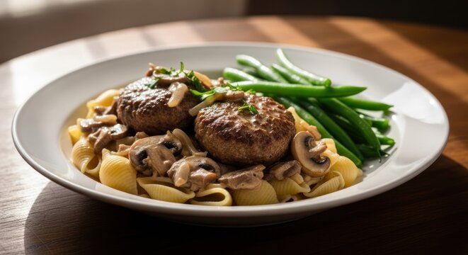 Plate of meatball dish with pasta and green beans
