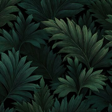 Lush, deep-green palm leaves overlap in a dense, dark botanical pattern