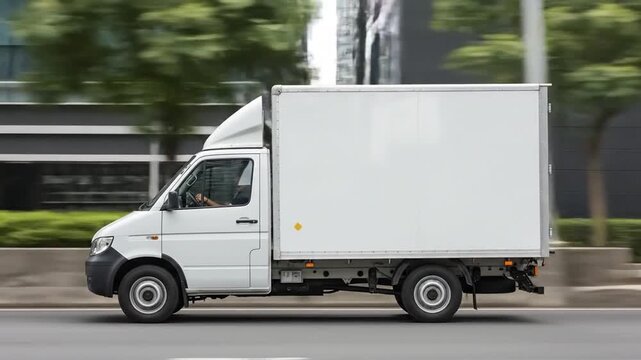 White delivery truck mockup driving on clean urban road template.