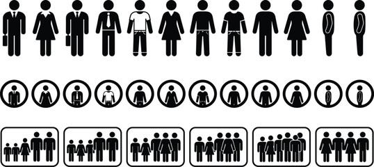 People icons, black and white pictograms, family symbols, male female silhouettes, user interface graphics, signage, infographics, avatar set, social group illustration