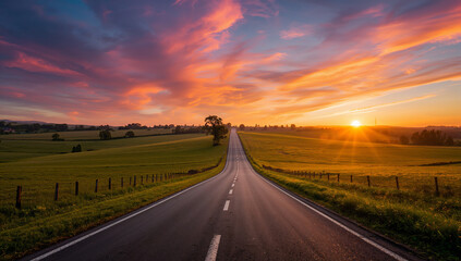 Golden hour over a tranquil road winding through a green countryside, with vibrant skies and rolling hills