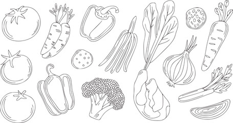 Hand drawn black and white line of assorted vegetables outline
