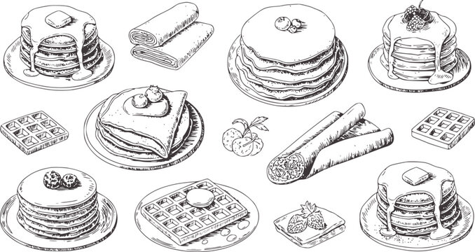 Hand drawn black and white pancakes and crepes collection