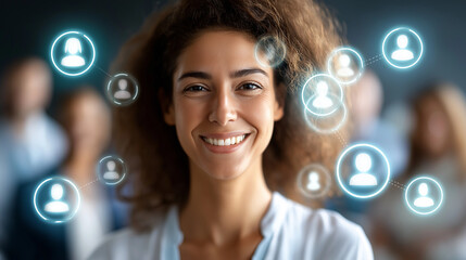 Faceless woman in center of grid of smiling faces showcasing virtual meeting or online community, defocused digital gathering, remote connection, cyber collective, with copy space