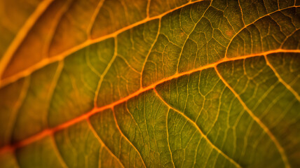 Macro Shot of Golden-Orange Leaf Texture with Warm Sunlight and Autumn Tones