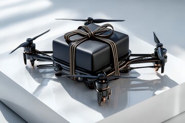 Futuristic drone with gift box and elegant ribbon on display