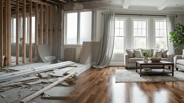 Side-by-side renovation transformation from demolition to luxury home.