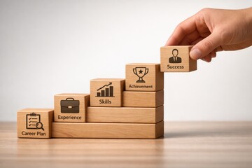 Human Resource Development and Leadership Success Concept with Wooden Career Staircase and Growth Steps