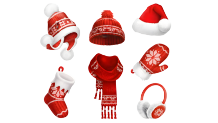 Collection of red and white christmas clothing and accessories on white isolated on transparent background