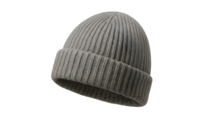 Gray ribbed knit beanie hat for winter fashion and warmth isolated on transparent background