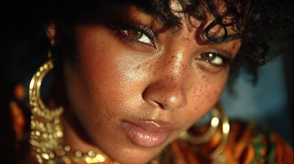 Intense close up portrait of a beautiful woman with freckles and curly hair looking at camera, warm cinematic sunset lighting with skin texture and sparkling jewelry details