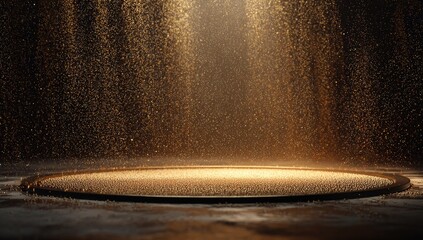 Abstract gold-colored particles falling onto a circular illuminated platform, creating a shimmering effect