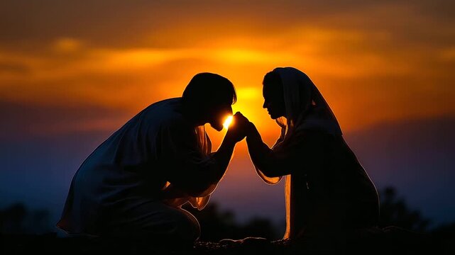 Faceless resurrected robed man meeting faceless woman at sunrise, profound spiritual connection moment, Easter narrative, defocused golden hour lighting, with copy space