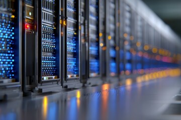 Modern data center with illuminated servers in a network room