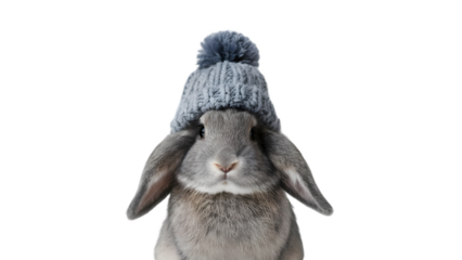 Cute rabbit wearing a gray knit hat with a pom pom on top isolated on transparent background