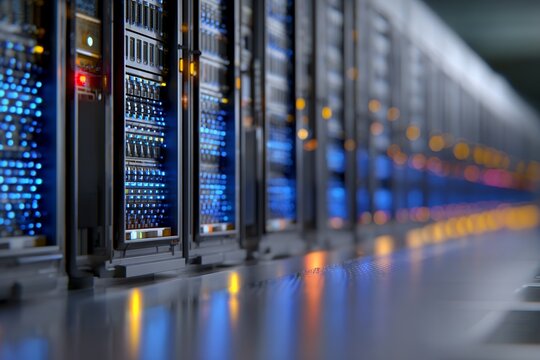 Modern data center with illuminated servers in a network room - Powered by Adobe
