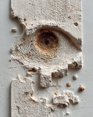 Abstract eye relief sculpture on textured white stone wall, ancient artistic style with weathered plaster and circular patterns, tactile stone carving for interior design concept