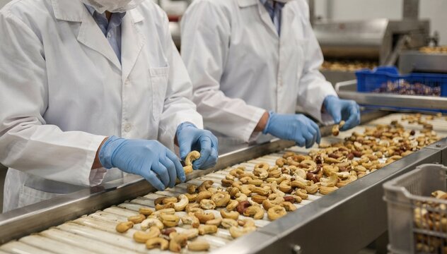 Closeup medium shot of inspectors checking cashews by hand for size and freshness emphasizing detailed quality assurance in a nut processing plant.