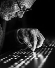 Elderly Man with Glasses Using Braille Computer Interface, Close-up of Senior Hand Touching Glowing Digital Buttons, Concept of Accessibility, Inclusion and Assistive Technology